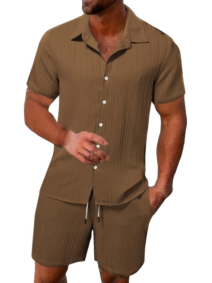 Men's Summer Two-Piece Set Casual Pleated Striped Shirt with Drawstring Shorts, Short Sleeve Workwear Outfit, Lounge Suit
