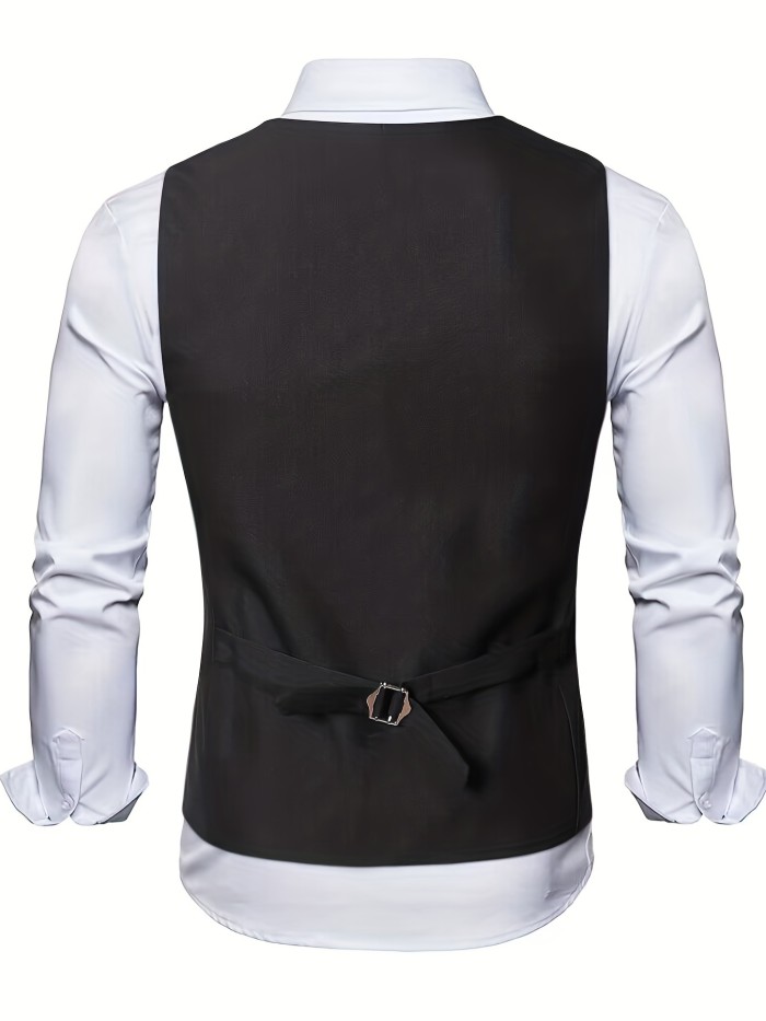 V Neck Smart Suit Vest, Men's Casual Retro Style Solid Color Single Breasted Waistcoat For Dinner Suit Match