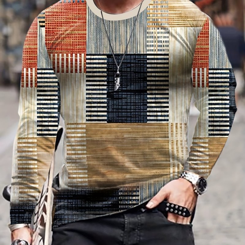 Retro Style Color Block Men's Long Sleeve Crew Neck T-shirt, Stylish Tees For Spring Autumn, Men's Clothing