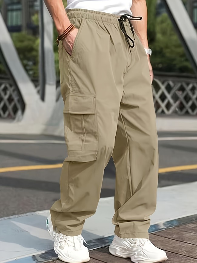 Men's Cargo Pants With Drawstring And Pockets In Solid Color, Loose Fit And Trendy For Casual Wear