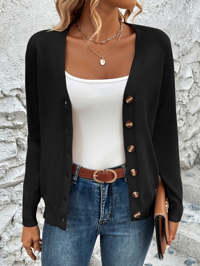 Solid Color Button Front Top, Elegant V Neck Long Sleeve Cardigans Top For Every Day, Women's Clothing