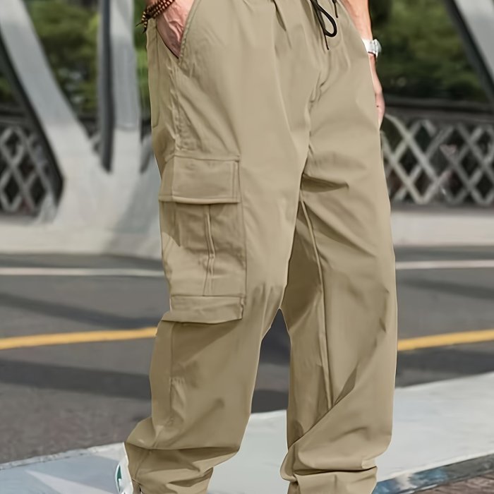 Men's Cargo Pants With Drawstring And Pockets In Solid Color, Loose Fit And Trendy For Casual Wear