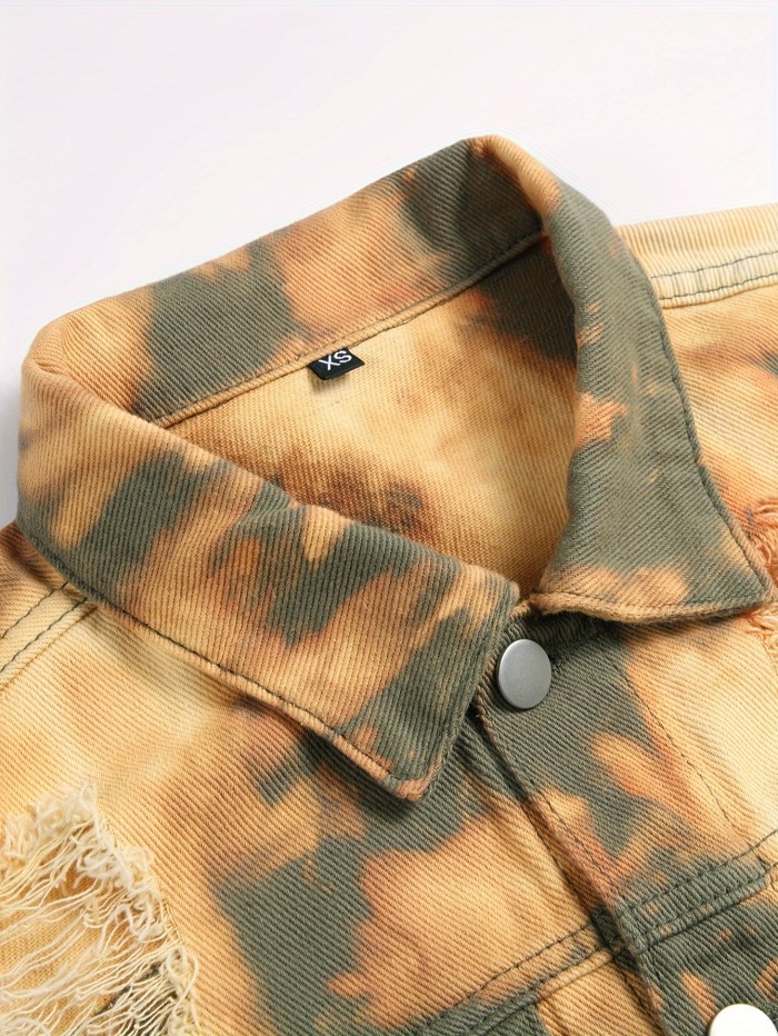 Men's Fashion Street Style Ripped Denim Jacket, Men's Stylish Comfy Coat For Spring & Autumn Wear