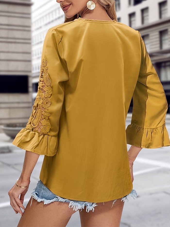 Guipure Lace V Neck Blouse, Elegant Solid Color Half Flare Sleeve Top For Spring & Summer, Women's Clothing