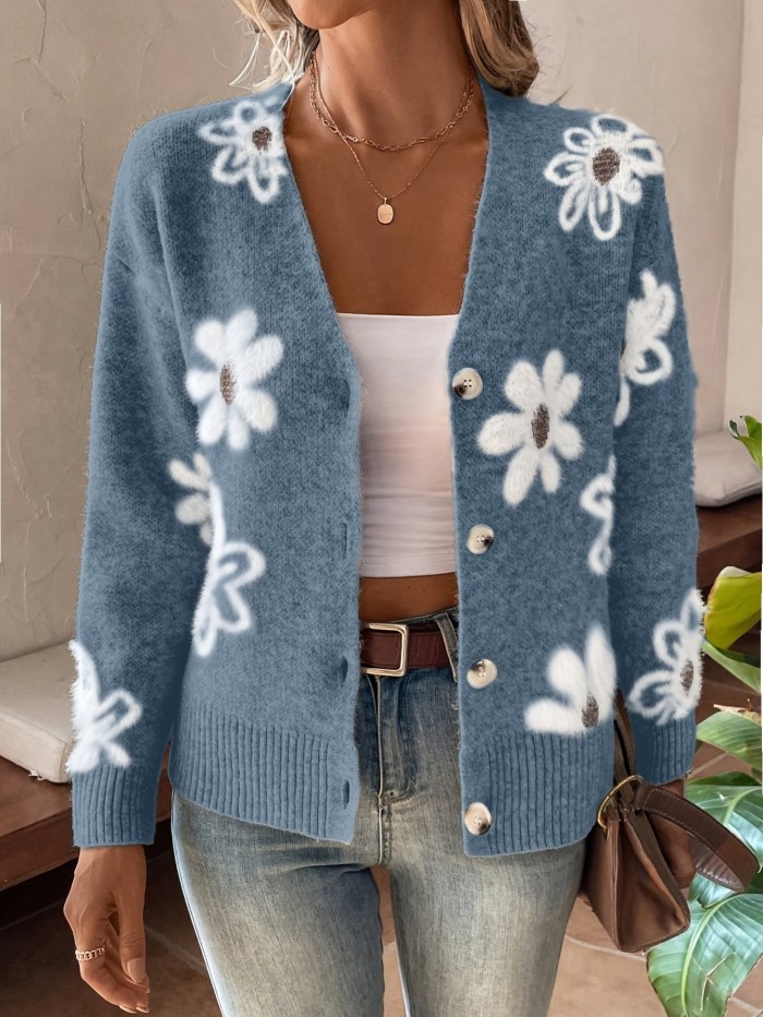 Floral Pattern Button Front Knitted Cardigan, Elegant Long Sleeve Drop Shoulder Cardigan For Spring & Fall, Women's Clothing