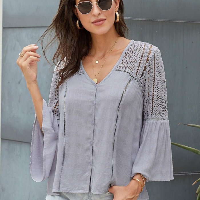 Women's Blouse Plus Size Shirts Long Sleeve Lace Crochet Solid Color Blouse