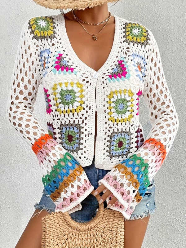 Vibrant Geometric Pattern Long Sleeve Knitted Cardigan - Semi-Sheer, Micro Elasticity, Hand Washable, Perfect for Spring\u002FFall Vacation - Womens Crochet Cover Up Beach Wear