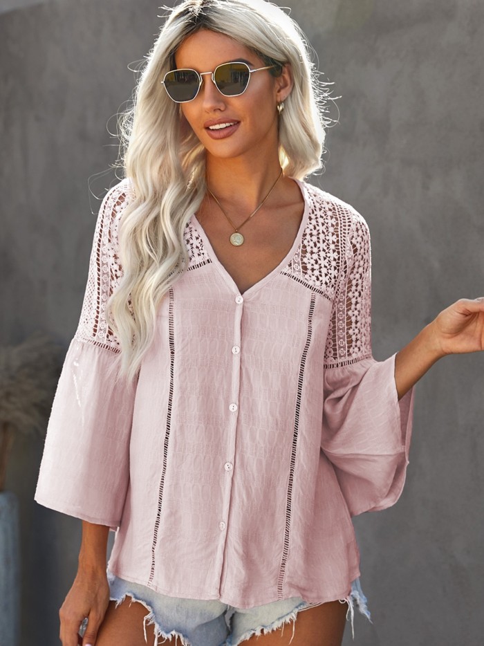 Women's Blouse Plus Size Shirts Long Sleeve Lace Crochet Solid Color Blouse
