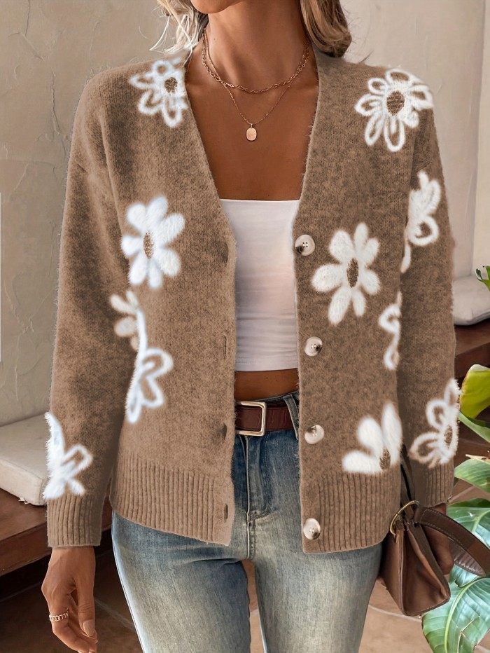 Floral Pattern Button Front Knitted Cardigan, Elegant Long Sleeve Drop Shoulder Cardigan For Spring & Fall, Women's Clothing