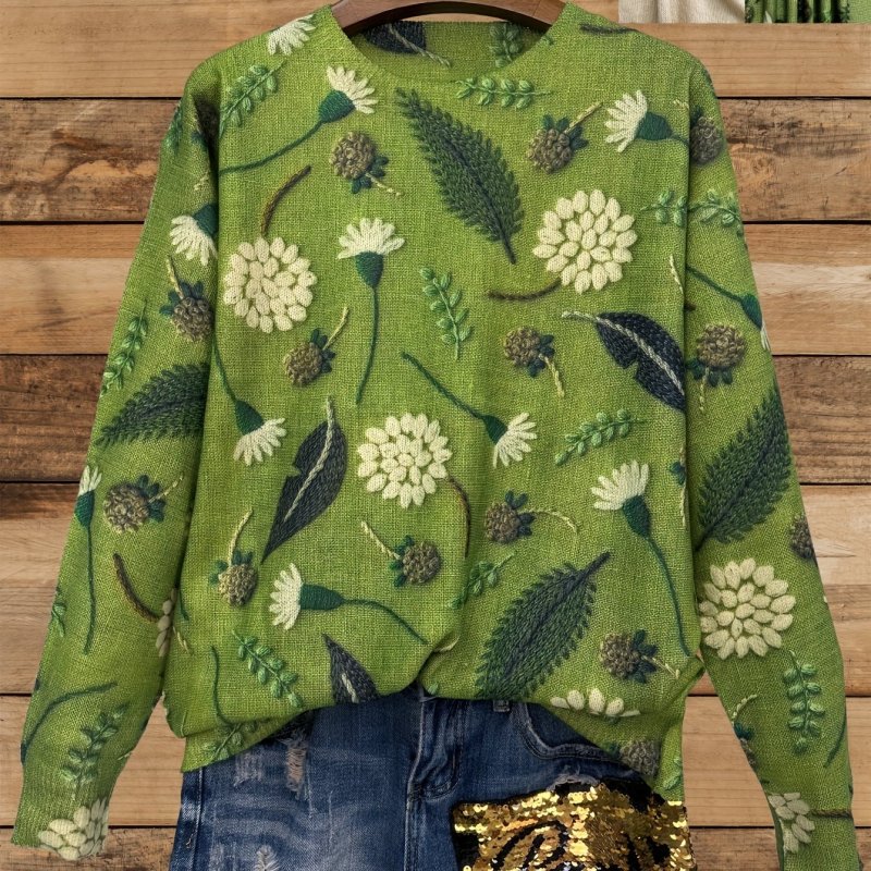 Vibrant Dandelion Print Thin Sweater - Soft, Lightweight, Crew Neck, Long Sleeve, Casual, Breathable, Spring & Fall Essential - Womens Clothing for Everyday Wear