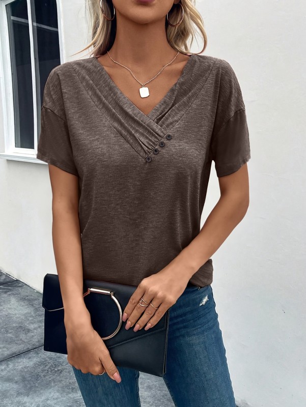 Solid Color Button V Neck T-Shirt, Casual Short Sleeve T-Shirt For Spring & Summer, Women's Clothing