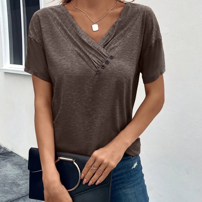 Solid Color Button V Neck T-Shirt, Casual Short Sleeve T-Shirt For Spring & Summer, Women's Clothing