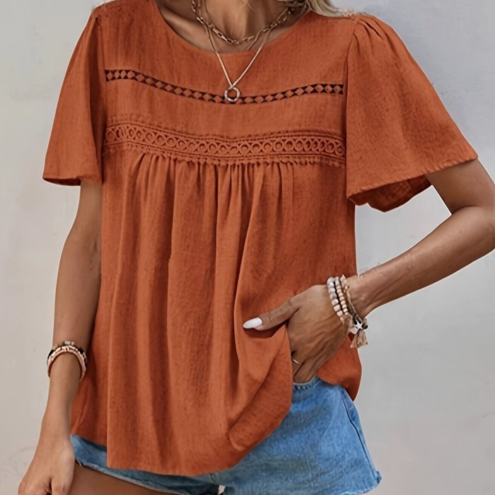 Elegant Ruched Front Short Sleeve Crew Neck Blouse - Polyester Solid Color Shirting with Contrast Lace, Machine Washable, Summer Essential - Womens Clothing for Adult