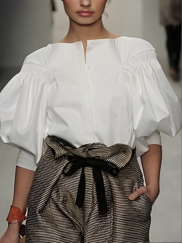 Solid Color Button Front Blouse, Elegant Lantern Sleeve Blouse For Spring & Fall, Women's Clothing