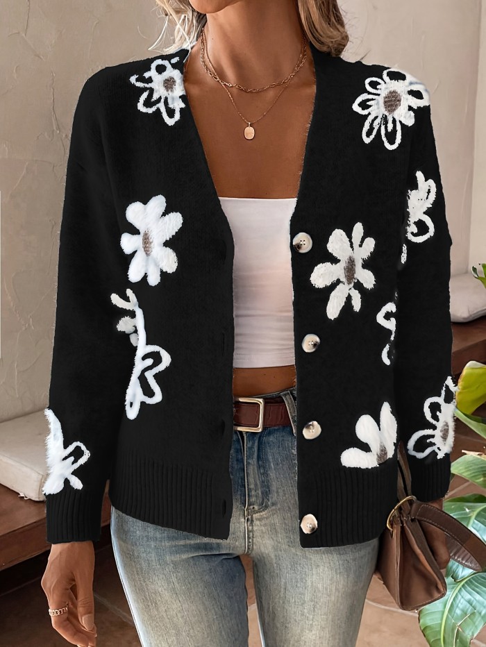 Floral Pattern Button Front Knitted Cardigan, Elegant Long Sleeve Drop Shoulder Cardigan For Spring & Fall, Women's Clothing