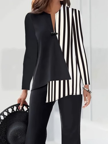 Vibrant Stripe Print Asymmetric Blouse - Elegant Long Sleeve Top with Button Front, Flowy Silhouette, and Chic Design - Perfect for Spring and Fall, Womens Clothing for Everyday Wear