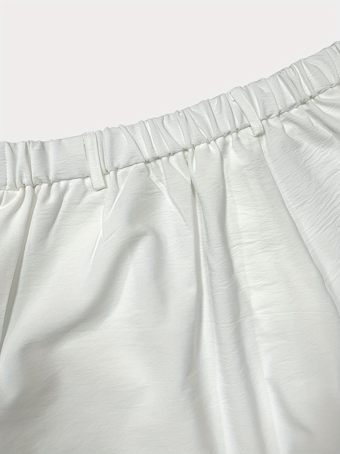 Plus Size Casual Shorts, Women's Plus Solid Button Decor Knee Length Elastic Waist Shorts With Pockets