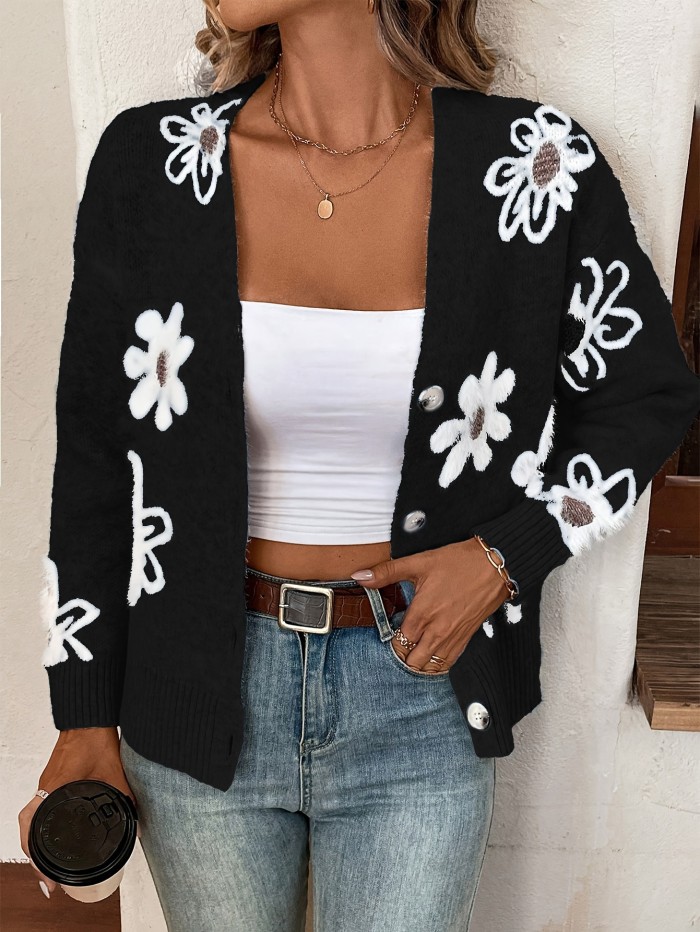 Floral Pattern Button Front Knitted Cardigan, Elegant Long Sleeve Drop Shoulder Cardigan For Spring & Fall, Women's Clothing
