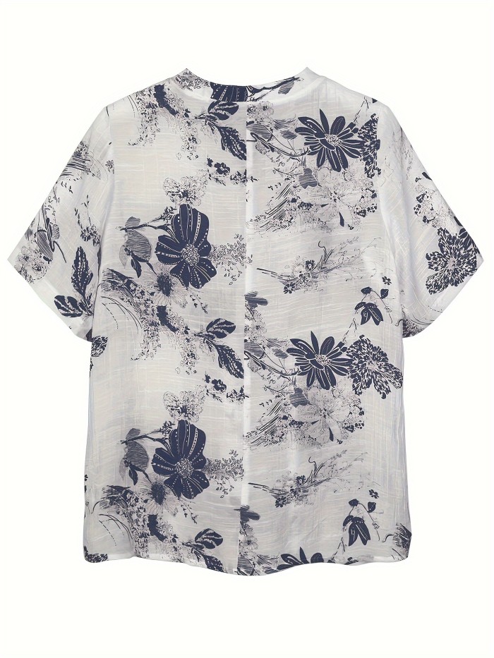 Floral Print Crew Neck Blouse, Casual Button Front Short Sleeve Blouse For Spring & Summer, Women's Clothing