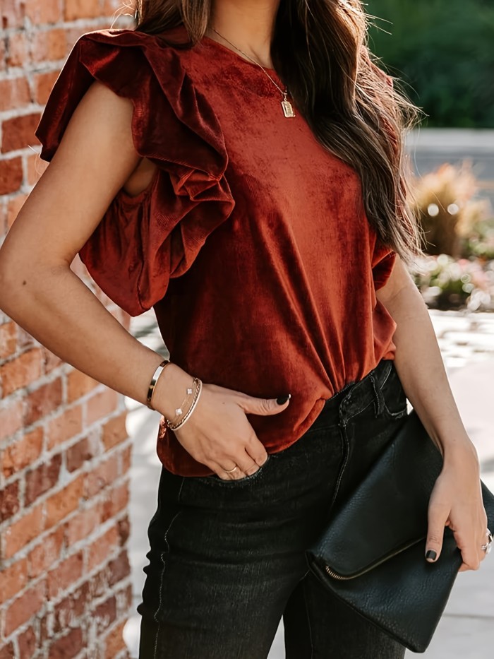 Womens Elegant Ribbed Velvet Top Crew Neck Short Ruffle Sleeve Casual T Shirt Blouse