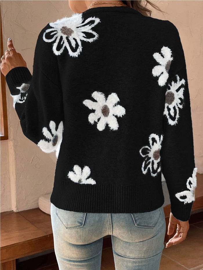 Floral Pattern Button Front Knitted Cardigan, Elegant Long Sleeve Drop Shoulder Cardigan For Spring & Fall, Women's Clothing