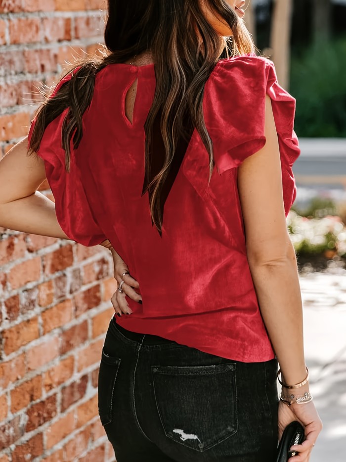 Womens Elegant Ribbed Velvet Top Crew Neck Short Ruffle Sleeve Casual T Shirt Blouse