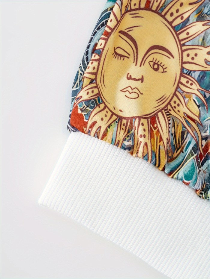 Sun Print Long Sleeve Jacket, Casual Full Zip Jacket For Spring & Fall, Women's Clothing