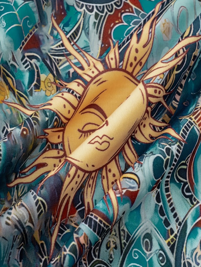 Sun Print Long Sleeve Jacket, Casual Full Zip Jacket For Spring & Fall, Women's Clothing