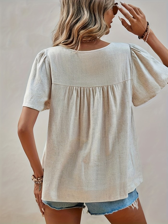 Elegant Ruched Front Short Sleeve Crew Neck Blouse - Polyester Solid Color Shirting with Contrast Lace, Machine Washable, Summer Essential - Womens Clothing for Adult