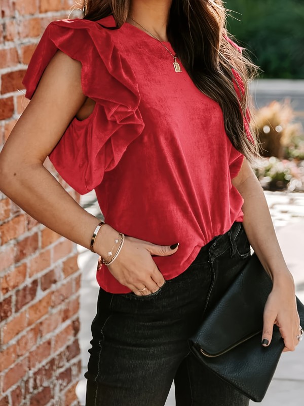 Womens Elegant Ribbed Velvet Top Crew Neck Short Ruffle Sleeve Casual T Shirt Blouse
