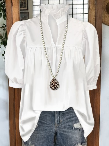 Vibrant Solid Color Ruffle Trim Notched Neck Blouse - Elegant Short Sleeve Shirt for Spring & Summer - Machine Washable, Semi-Sheer, Casual Polyester Womens Clothing for Adults