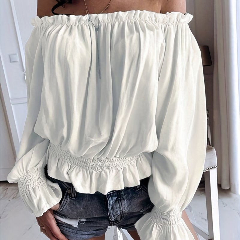 Off Shoulder Ruffle Trim Blouse, Casual Long Sleeve Blouse For Spring & Fall, Women's Clothing