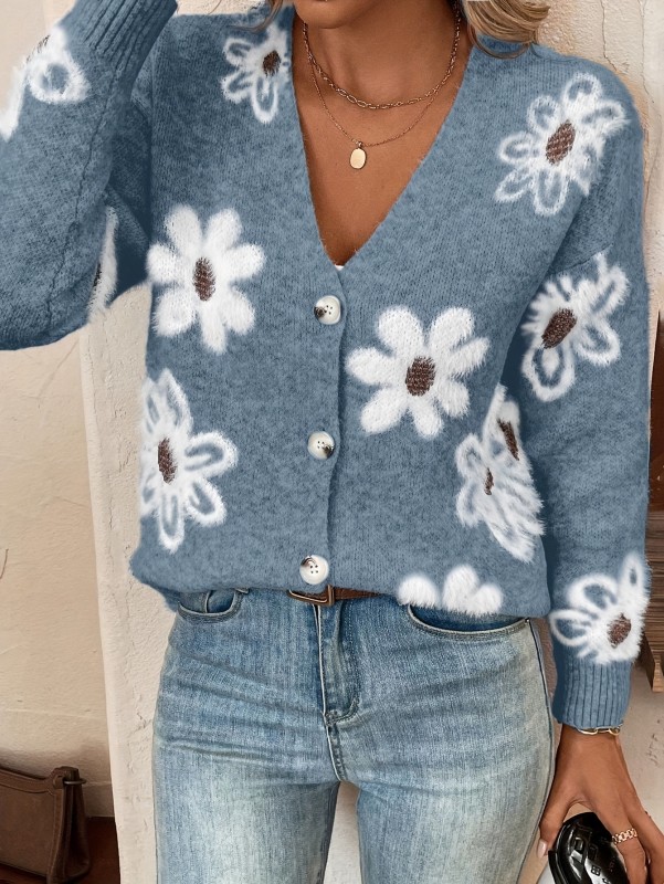 Floral Pattern Button Front Knitted Cardigan, Elegant Long Sleeve Drop Shoulder Cardigan For Spring & Fall, Women's Clothing
