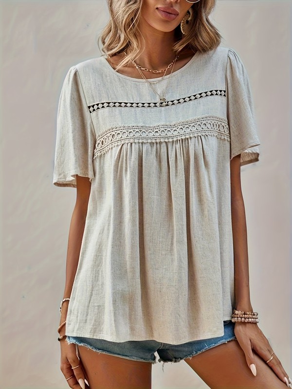 Elegant Ruched Front Short Sleeve Crew Neck Blouse - Polyester Solid Color Shirting with Contrast Lace, Machine Washable, Summer Essential - Womens Clothing for Adult