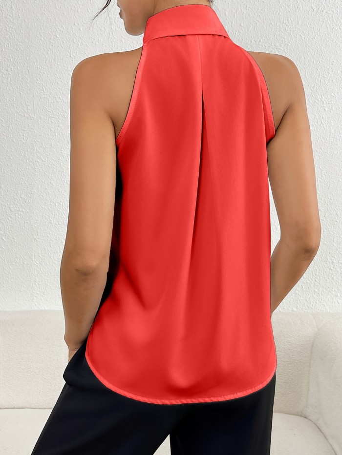 Collared Sleeveless Pleated Blouse, Elegant Solid Single-breasted Top For Spring & Summer, Women's Clothing