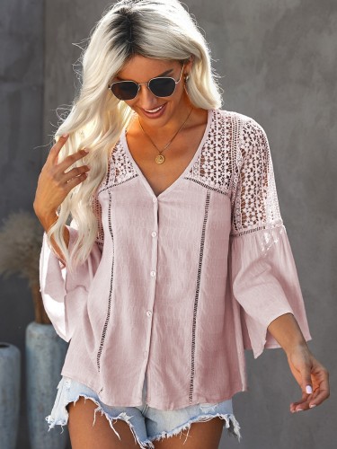 Women's Blouse Plus Size Shirts Long Sleeve Lace Crochet Solid Color Blouse