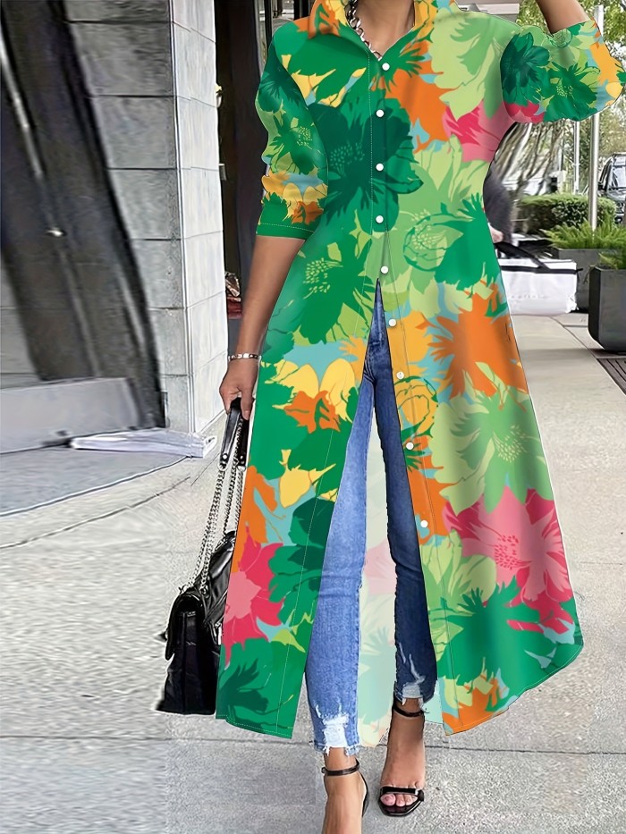 Plant Print Button Front Tunics, Casual Long Sleeve Top For Spring & Fall, Women's Clothing