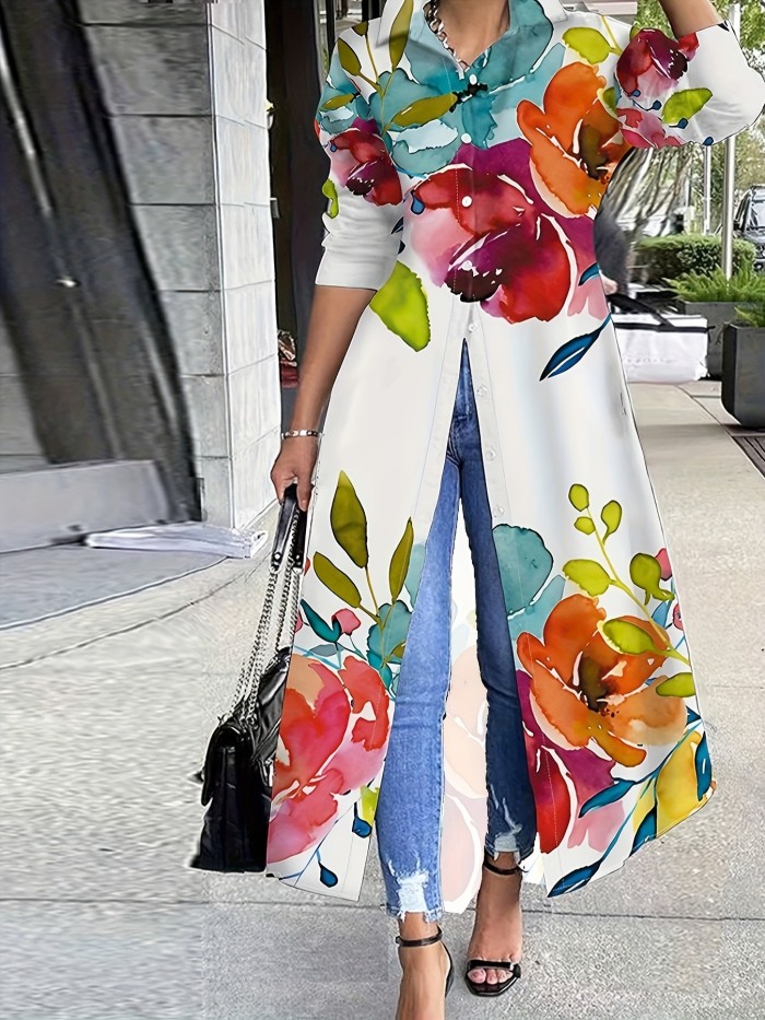 Plant Print Button Front Tunics, Casual Long Sleeve Top For Spring & Fall, Women's Clothing