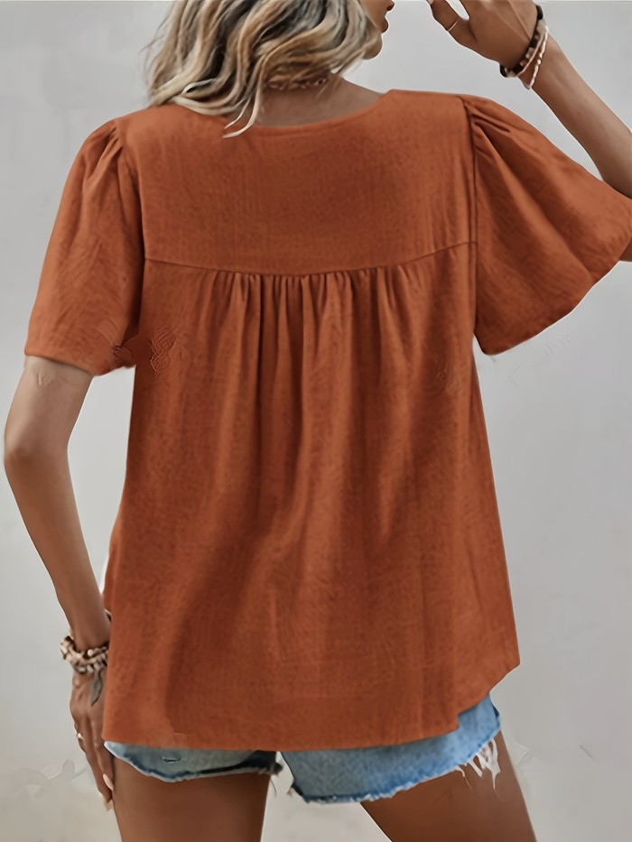 Elegant Ruched Front Short Sleeve Crew Neck Blouse - Polyester Solid Color Shirting with Contrast Lace, Machine Washable, Summer Essential - Womens Clothing for Adult