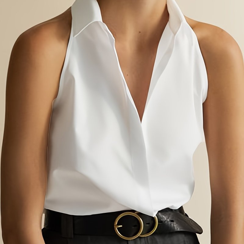 Collared Sleeveless Pleated Blouse, Elegant Solid Single-breasted Top For Spring & Summer, Women's Clothing