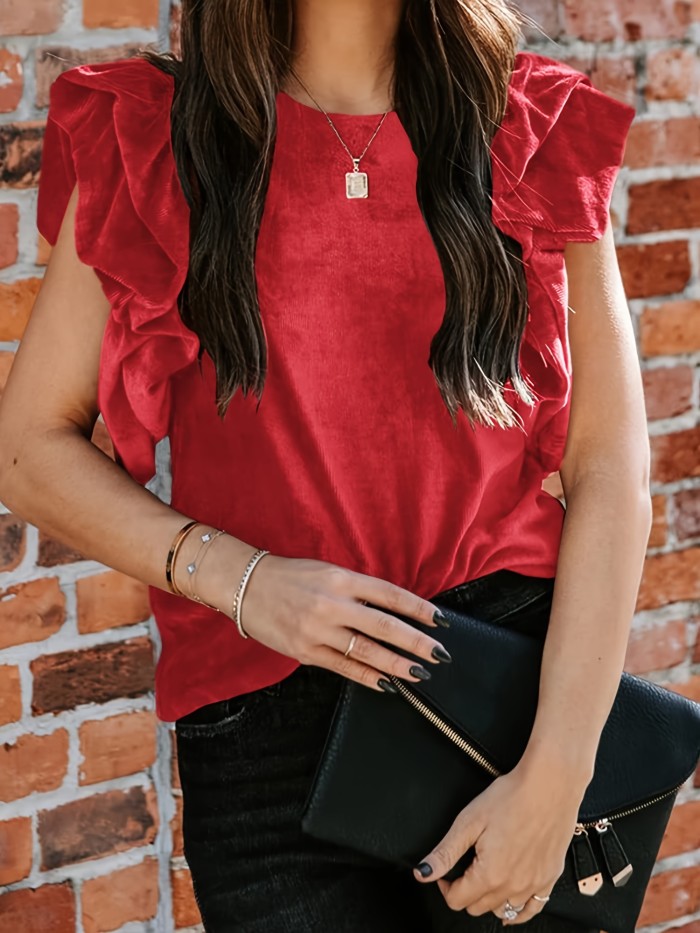 Womens Elegant Ribbed Velvet Top Crew Neck Short Ruffle Sleeve Casual T Shirt Blouse