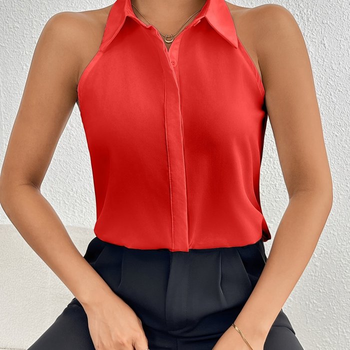 Collared Sleeveless Pleated Blouse, Elegant Solid Single-breasted Top For Spring & Summer, Women's Clothing