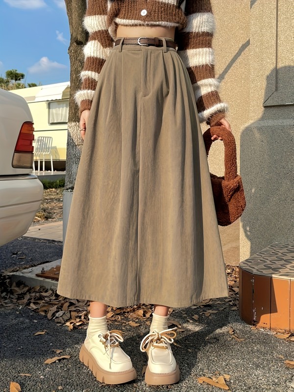 High Waist A-line Belted Skirt, Casual Solid Color Corduroy Ankle Length Skirt For Fall & Winter, Women's Clothing