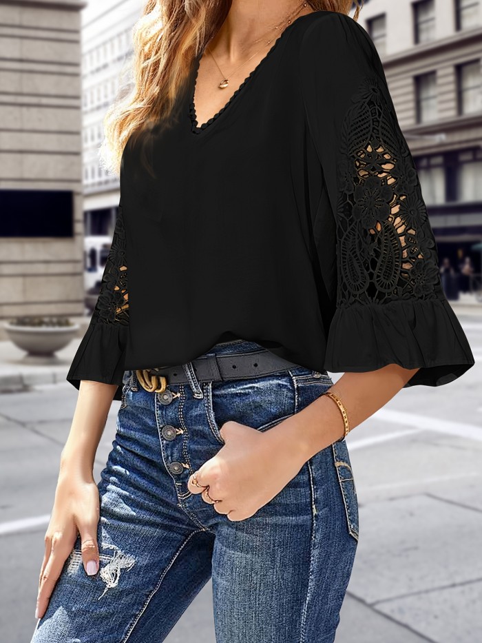 Guipure Lace V Neck Blouse, Elegant Solid Color Half Flare Sleeve Top For Spring & Summer, Women's Clothing