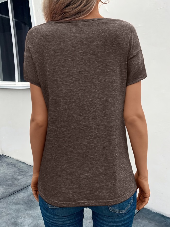 Solid Color Button V Neck T-Shirt, Casual Short Sleeve T-Shirt For Spring & Summer, Women's Clothing