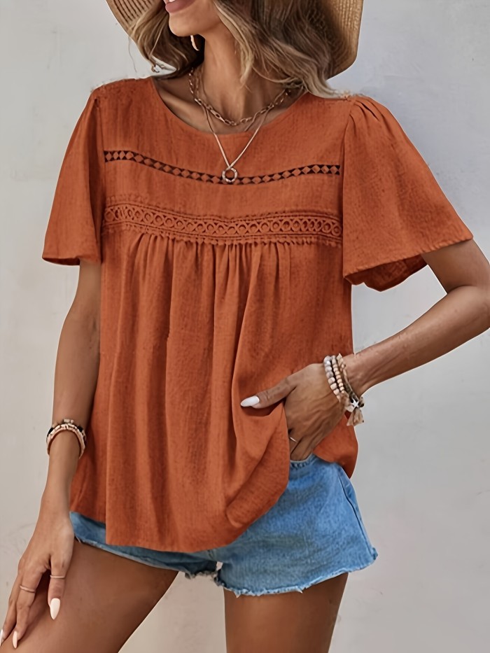 Elegant Ruched Front Short Sleeve Crew Neck Blouse - Polyester Solid Color Shirting with Contrast Lace, Machine Washable, Summer Essential - Womens Clothing for Adult