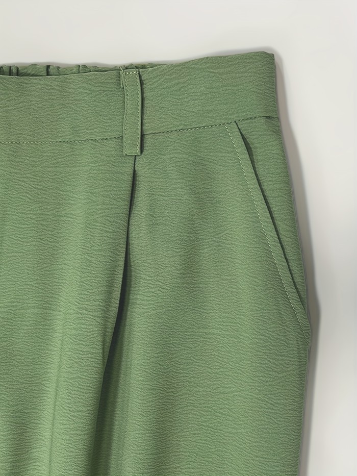 Plus Size Casual Shorts, Women's Plus Solid Button Decor Knee Length Elastic Waist Shorts With Pockets