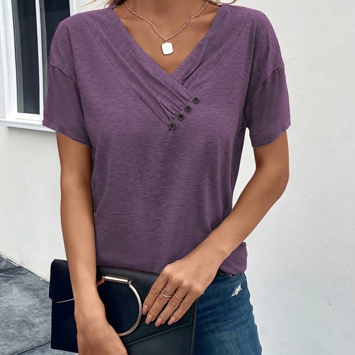 Solid Color Button V Neck T-Shirt, Casual Short Sleeve T-Shirt For Spring & Summer, Women's Clothing