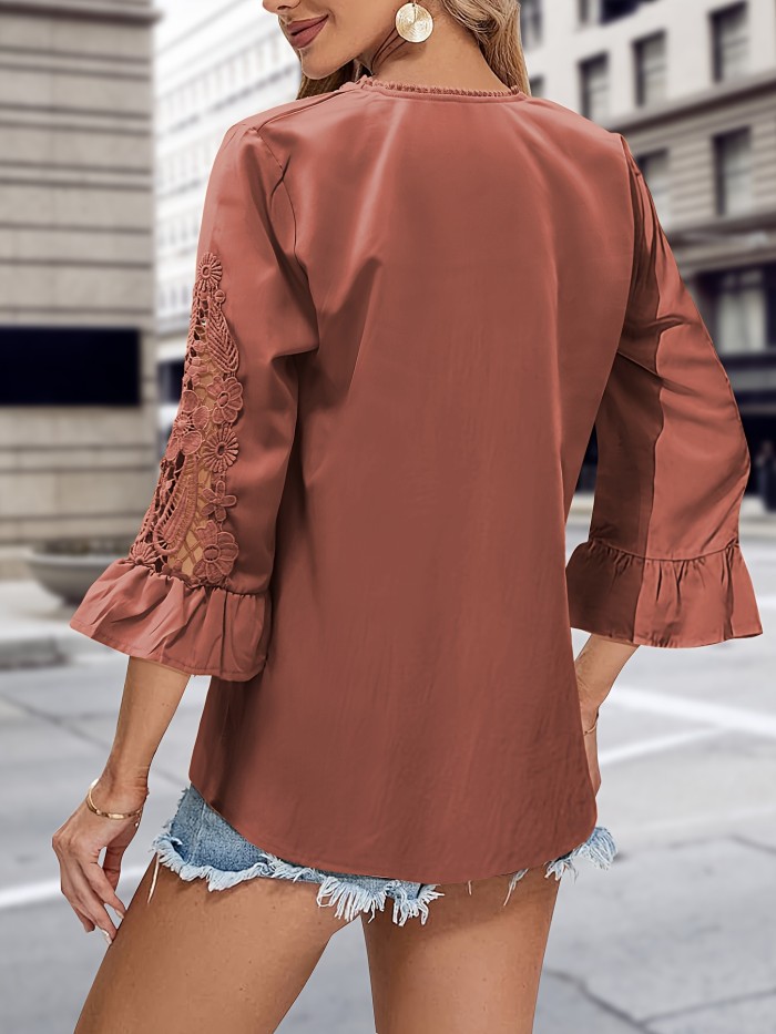 Guipure Lace V Neck Blouse, Elegant Solid Color Half Flare Sleeve Top For Spring & Summer, Women's Clothing