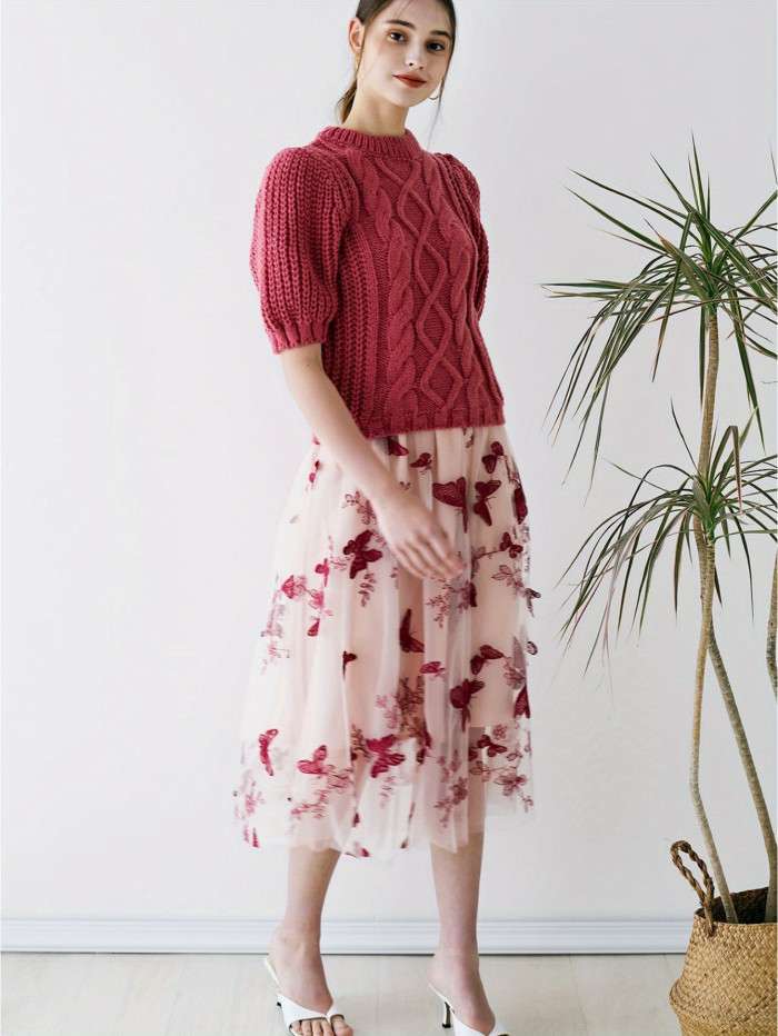 Butterfly Embroidered Layered Tulle Skirt, Elegant Elastic Waist Midi Skirt For Spring & Summer, Women's Clothing